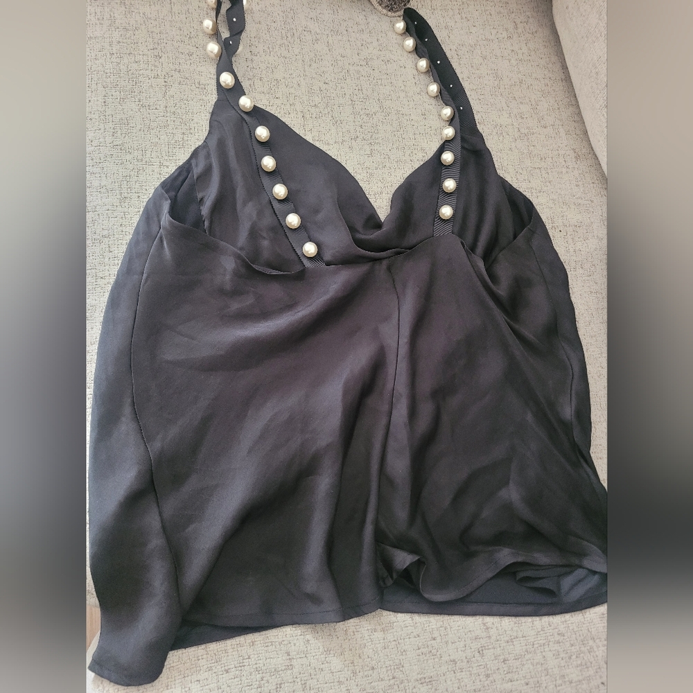 Elegant Black Top with Pearl Accents